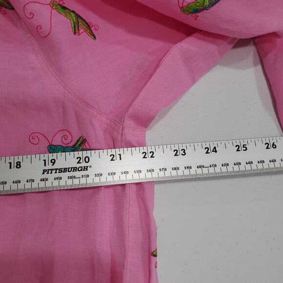 Casey Coleman Shirt Womens Medium Pink Linen Grasshopper Embroidered - Picture 7 of 8
